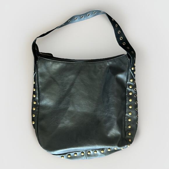 Y2K Nine West Black Leather Iron Cross Stitched Gold Studded Hobo Grunge Bag - Picture 2 of 9
